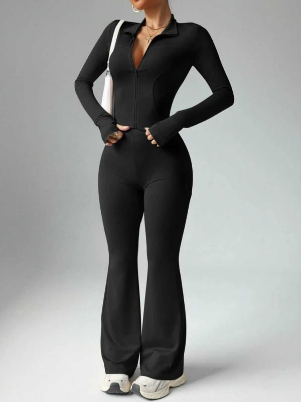 Pinyi дамски йога комплект — плътно прилепнал, безшевен, дълги ръкави; пуловерен дизайн; 80% найлон, 20% спандекс; долнище: широки крачоли; Пролет 2025.