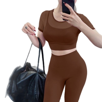 Йога комплект: топ с кръгло деколте и мрежест плат, къс ръкав, подплънки за бюста, пуловер стил, панталони – нейлон + спандекс, за йога и фитнес