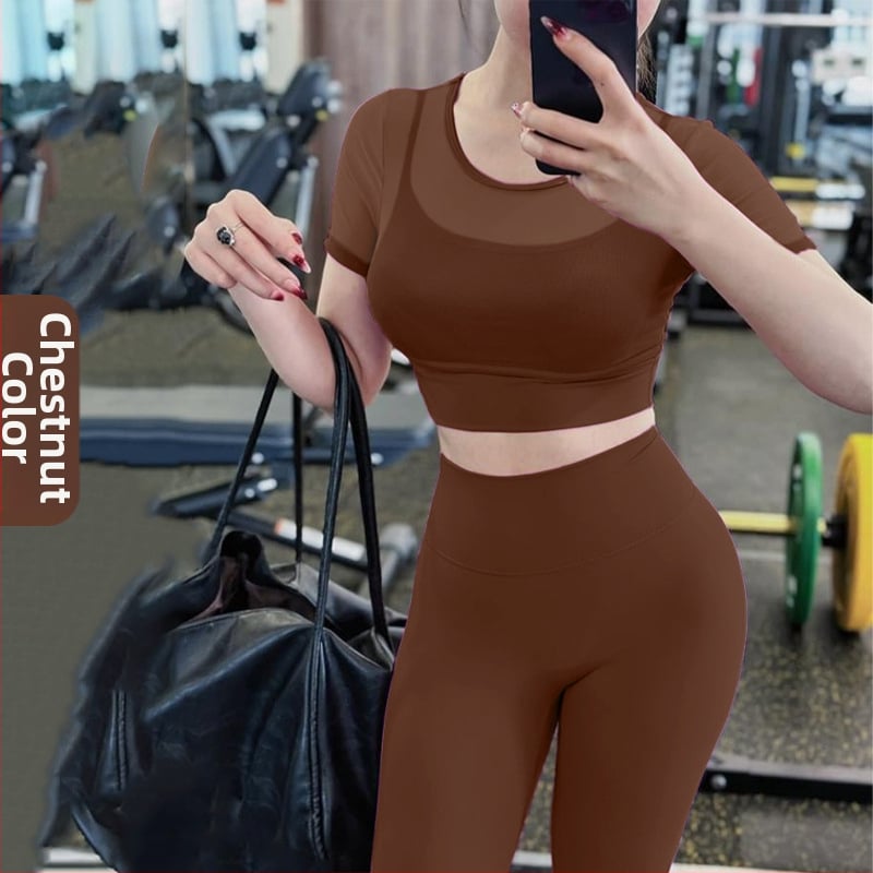 Йога комплект: топ с кръгло деколте и мрежест плат, къс ръкав, подплънки за бюста, пуловер стил, панталони – нейлон + спандекс, за йога и фитнес