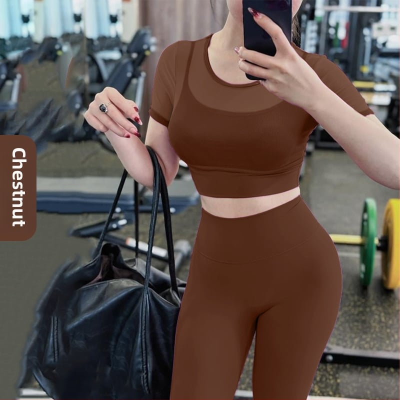 Jooga komplekt: ümar kaelusega võrgust kangast lühikeste varrukatega top, rinnatuges, pullover-stiilis, püksid – jooga ja fitness