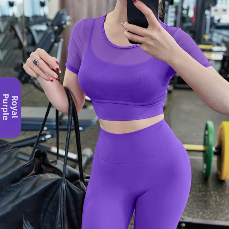 Jooga komplekt: ümar kaelusega võrgust kangast lühikeste varrukatega top, rinnatuges, pullover-stiilis, püksid – jooga ja fitness