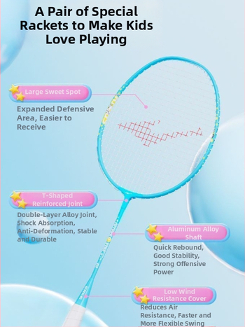 Pora badminton raketė vaikams, aliuminio lydinio rėmas, svoris 95–100 g, rankenos dydis G5, veleno kietumas vidutinis