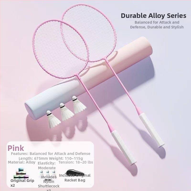 Badminton raketės komplektas (pora) suaugusiems ir vaikams, aliuminio lydinio rėmas, nailoninis pluoštas, svoris 95–100 g, tiesus kotas
