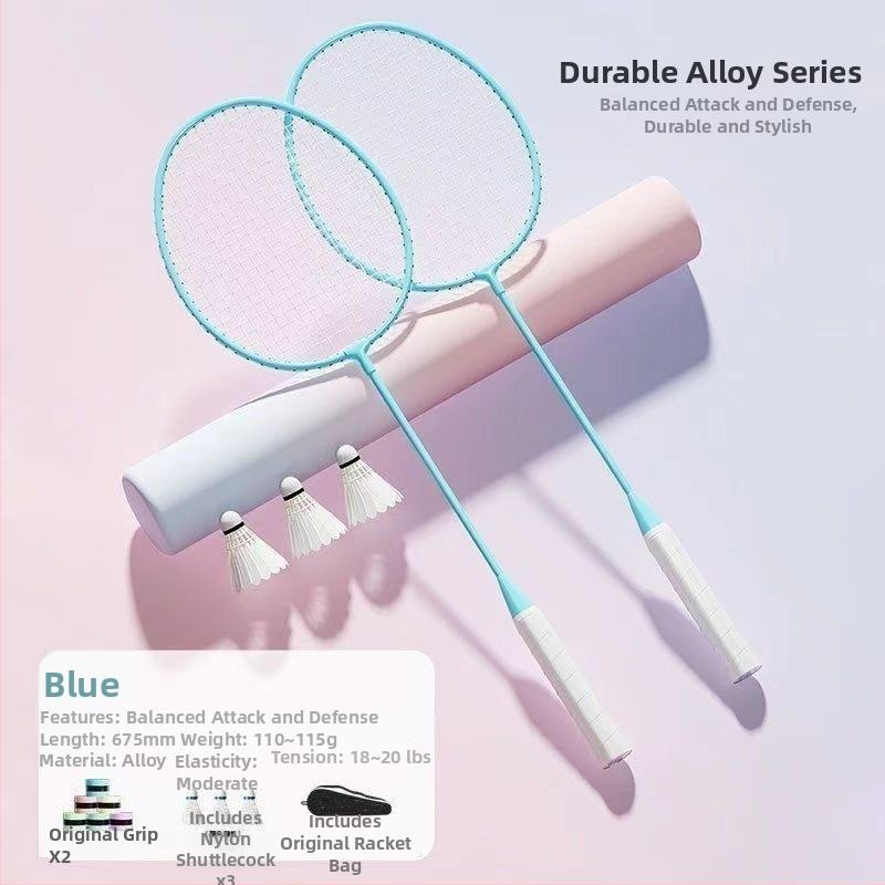 Badminton raketės komplektas (pora) suaugusiems ir vaikams, aliuminio lydinio rėmas, nailoninis pluoštas, svoris 95–100 g, tiesus kotas