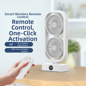 Galda ventilators ar divām galvām un apgaismojumu - USB barošana, 5V, 10W, klusa darbība, attālinātais pults