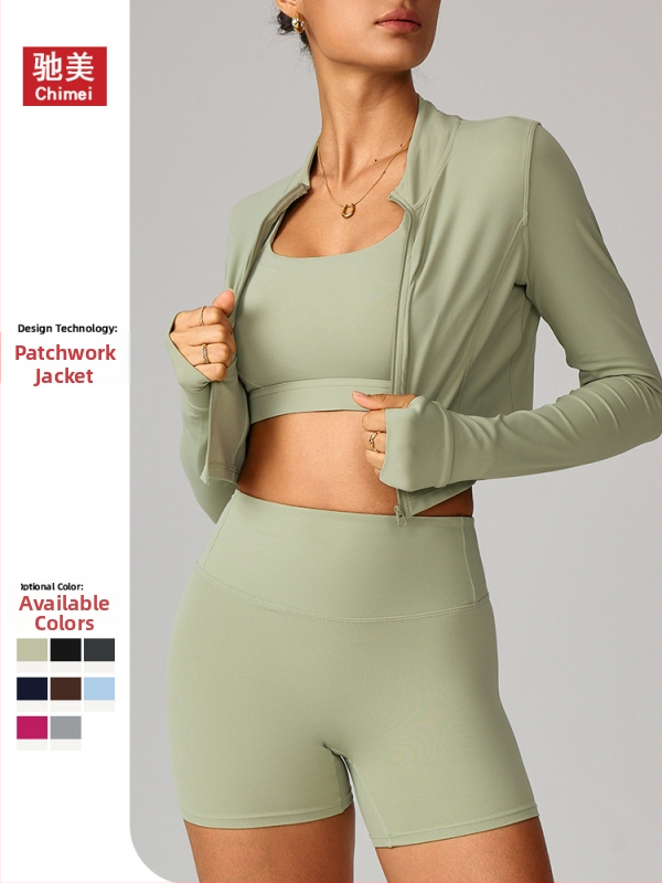 Moteriška lauko bėgimo ir jogos striukė su užtrauktuku, siauras kirpimas, ilgomis rankovėmis, greitai džiūstantis nailono mišinys, stovinčios apykaklės