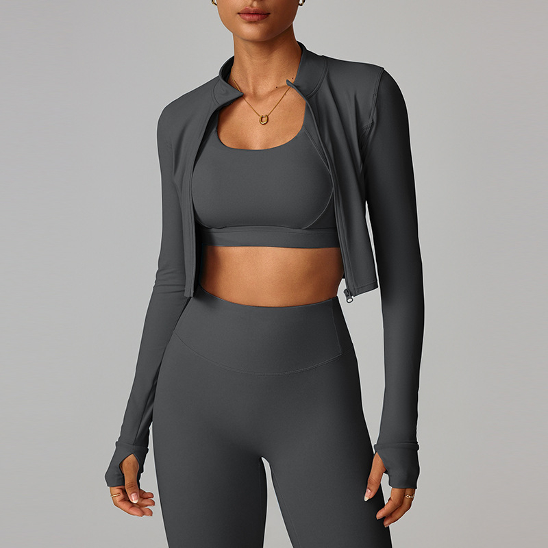 Moteriška lauko bėgimo ir jogos striukė su užtrauktuku, siauras kirpimas, ilgomis rankovėmis, greitai džiūstantis nailono mišinys, stovinčios apykaklės