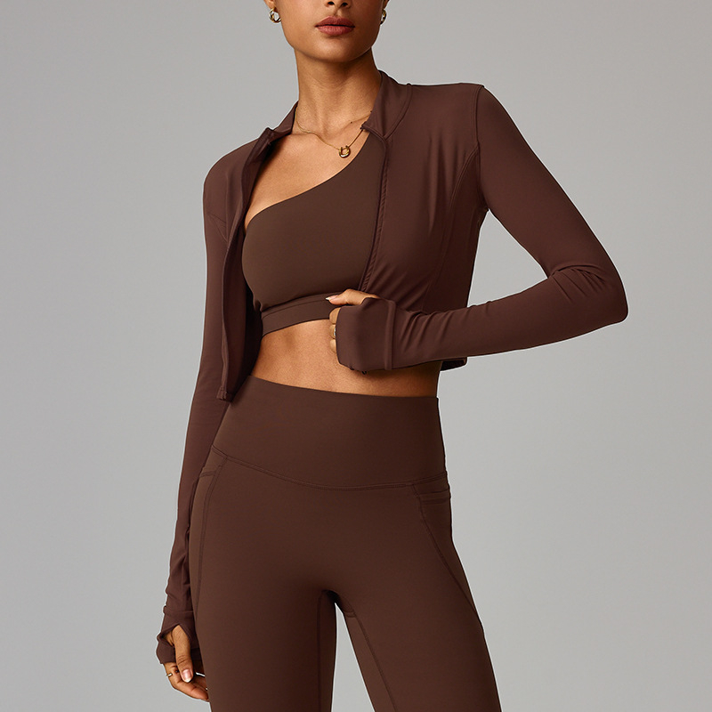 Moteriška lauko bėgimo ir jogos striukė su užtrauktuku, siauras kirpimas, ilgomis rankovėmis, greitai džiūstantis nailono mišinys, stovinčios apykaklės