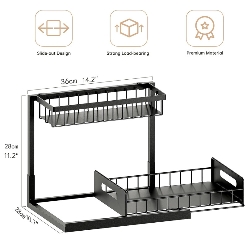 Virtuvės laikymo lentyna po praustuvu, sulankstoma, daugiafunkcinė, anglies plienas, dviejų sluoksnių