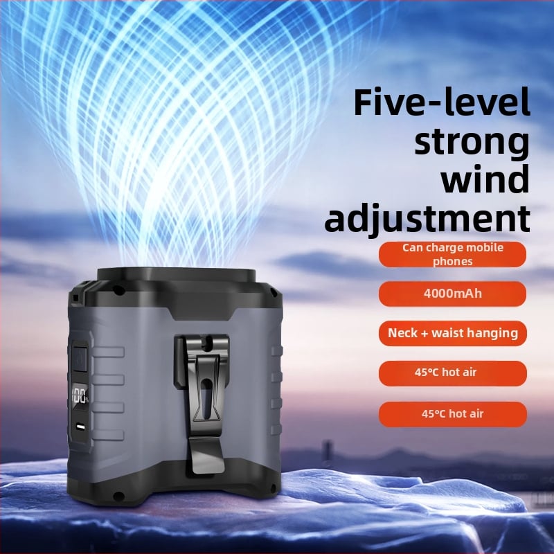 Juosmens ventiliatorius lauko sąlygomis su USB įkrovimu, įdiegta 6000mAh baterija, bešepinis variklis, 5 greičiai, veikia daugiau nei 12 valandų