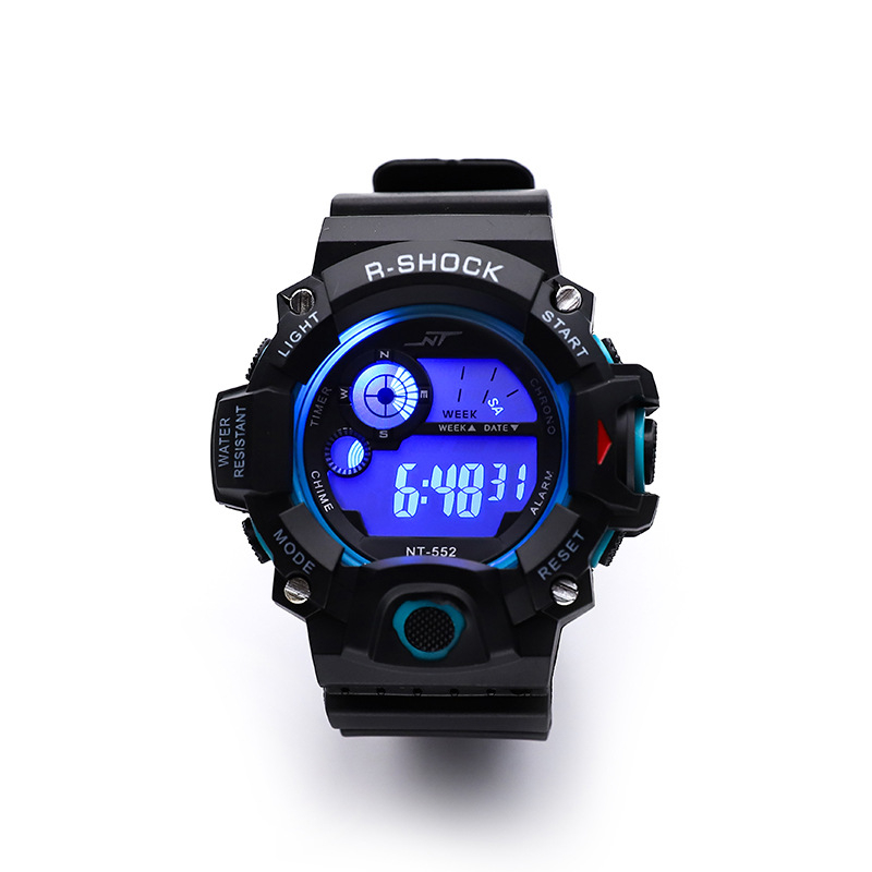 Vīriešu āra kalnu kāpšanas digitālais pulkstenis ar apgaismojumu, hronometrs, datums un signāls; elektroniskais mehānisms; korpuss PVC; siksna ABS