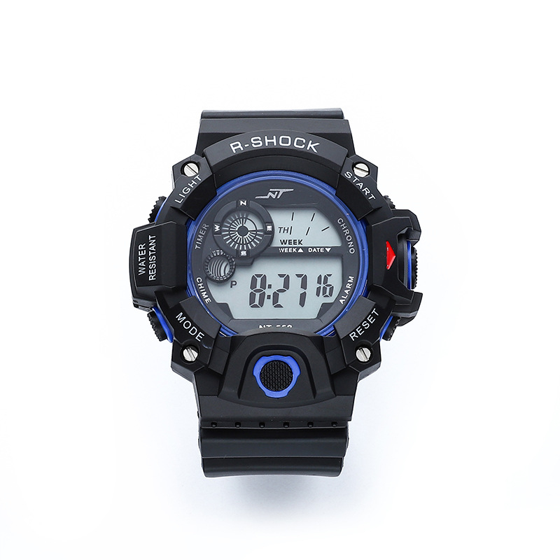 Vīriešu āra kalnu kāpšanas digitālais pulkstenis ar apgaismojumu, hronometrs, datums un signāls; elektroniskais mehānisms; korpuss PVC; siksna ABS