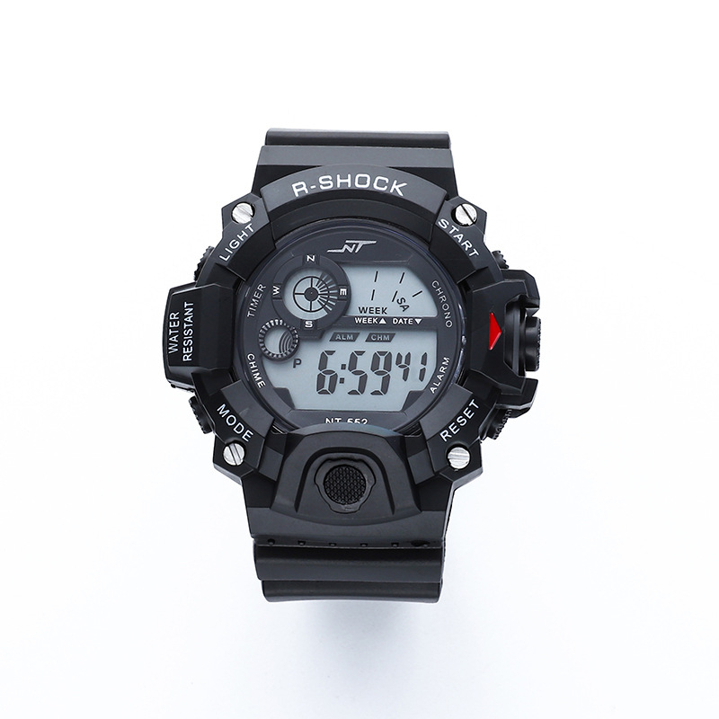 Vīriešu āra kalnu kāpšanas digitālais pulkstenis ar apgaismojumu, hronometrs, datums un signāls; elektroniskais mehānisms; korpuss PVC; siksna ABS