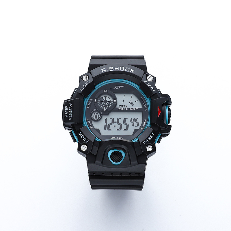 Vīriešu āra kalnu kāpšanas digitālais pulkstenis ar apgaismojumu, hronometrs, datums un signāls; elektroniskais mehānisms; korpuss PVC; siksna ABS