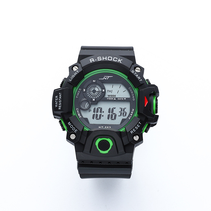 Vīriešu āra kalnu kāpšanas digitālais pulkstenis ar apgaismojumu, hronometrs, datums un signāls; elektroniskais mehānisms; korpuss PVC; siksna ABS