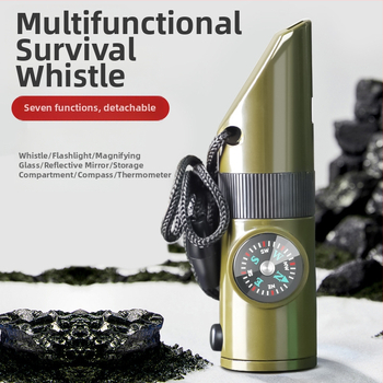 7-ühes väljasurvival komplekt: vile, kompass, lupa, taskulamp, termomeeter