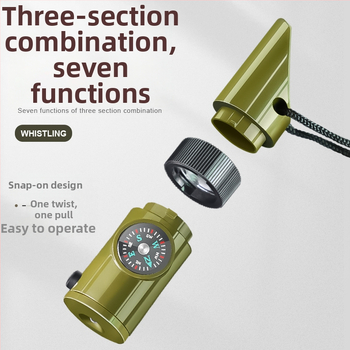 7-ühes väljasurvival komplekt: vile, kompass, lupa, taskulamp, termomeeter