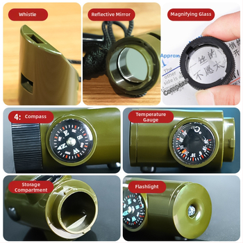 7-ühes väljasurvival komplekt: vile, kompass, lupa, taskulamp, termomeeter