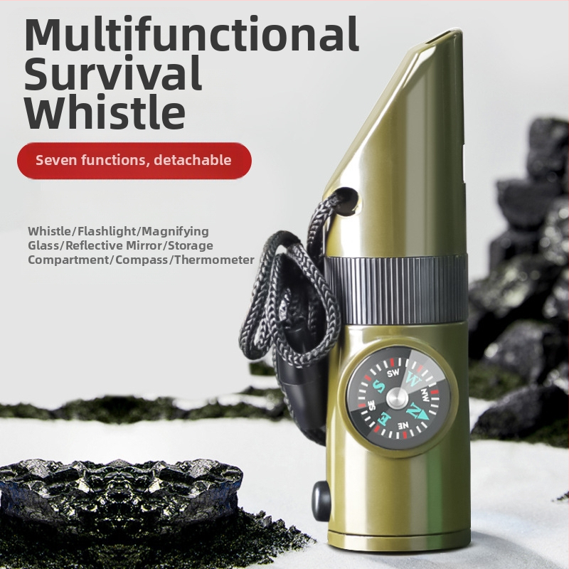 7-ühes väljasurvival komplekt: vile, kompass, lupa, taskulamp, termomeeter