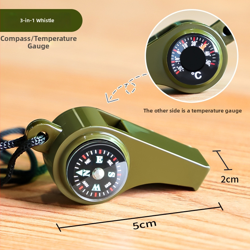 7-ühes väljasurvival komplekt: vile, kompass, lupa, taskulamp, termomeeter
