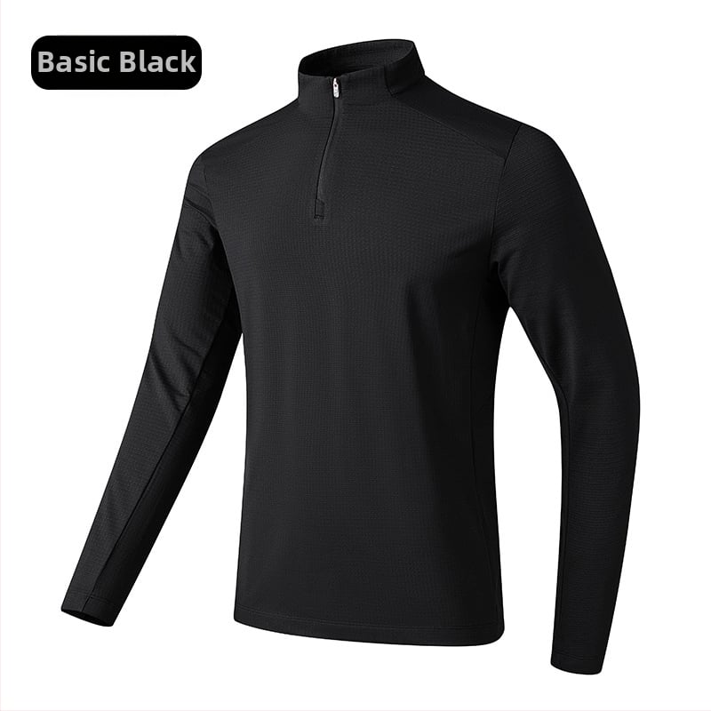 Tricou sport pentru bărbați cu guler înalt, poliester respirabil, mâneci lungi, croială slim fit