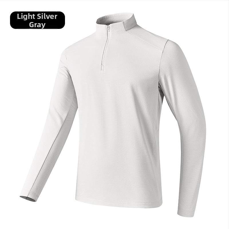 Tricou sport pentru bărbați cu guler înalt, poliester respirabil, mâneci lungi, croială slim fit