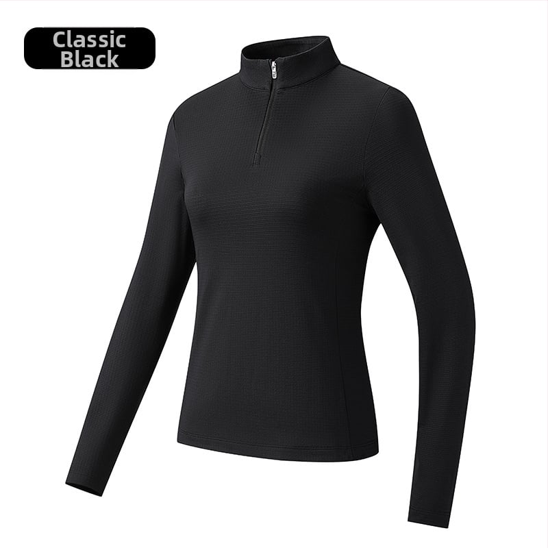 Tricou sport pentru bărbați cu guler înalt, poliester respirabil, mâneci lungi, croială slim fit