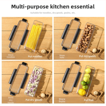 Makaronų laikymo dėžutė, maisto kokybės plastikas, stačiakampio formos, sandari, talpa 1–2 L