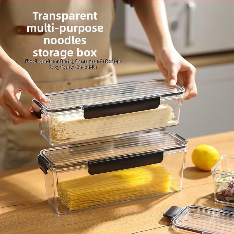 Makaronų laikymo dėžutė, maisto kokybės plastikas, stačiakampio formos, sandari, talpa 1–2 L