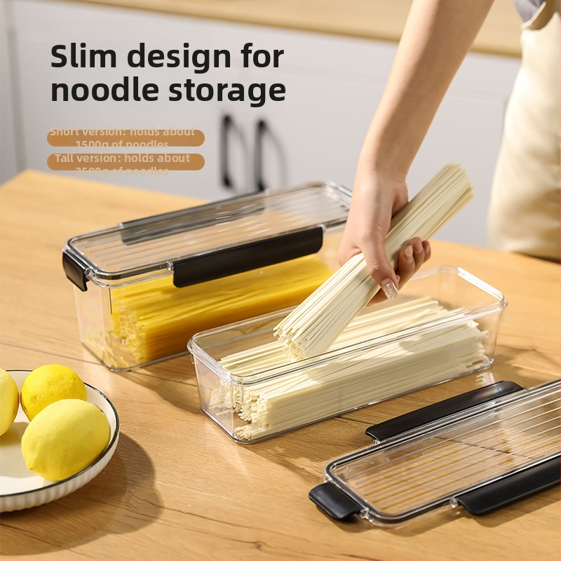 Makaronų laikymo dėžutė, maisto kokybės plastikas, stačiakampio formos, sandari, talpa 1–2 L