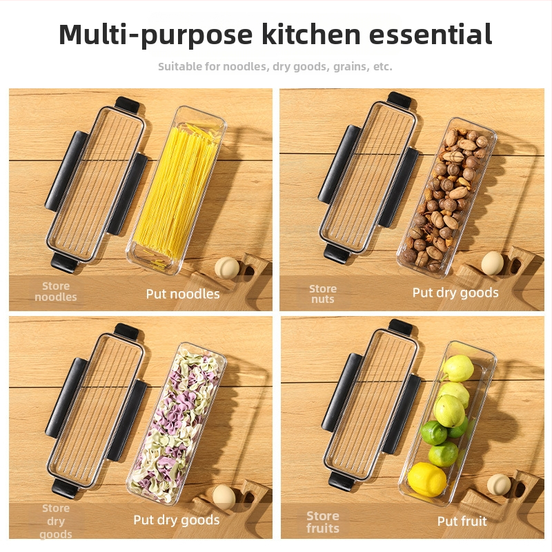 Makaronų laikymo dėžutė, maisto kokybės plastikas, stačiakampio formos, sandari, talpa 1–2 L