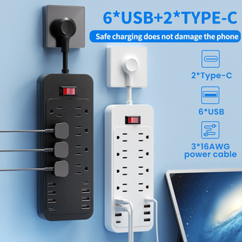 8 lizdų USB maitinimo juosta su įtampos apsauga, 110V, 10A