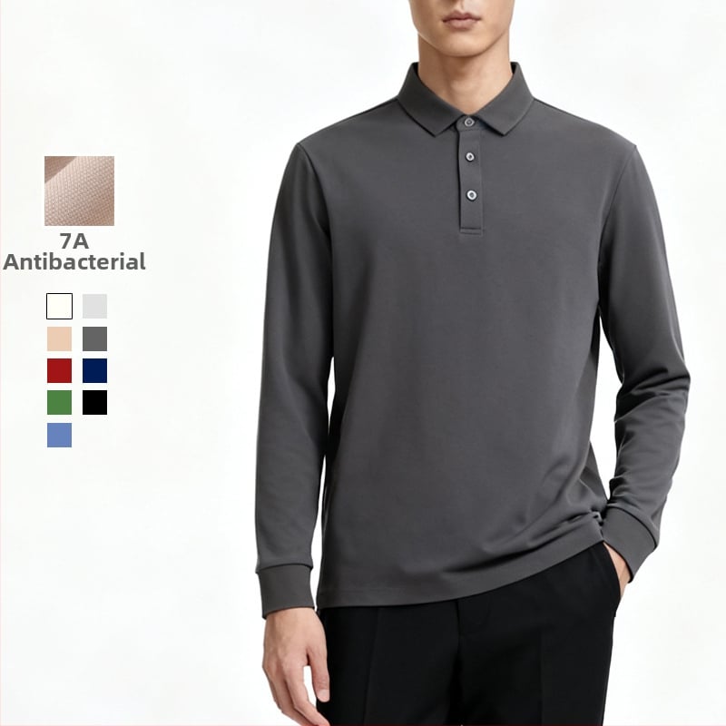 Поло риза с дълги ръкави, тясна кройка, антибактериална памучно-смесена материя, без бръчки