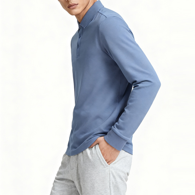 Поло риза с дълги ръкави, тясна кройка, антибактериална памучно-смесена материя, без бръчки