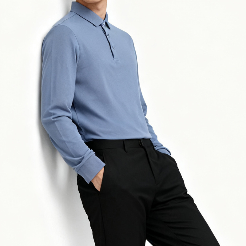 Поло риза с дълги ръкави, тясна кройка, антибактериална памучно-смесена материя, без бръчки
