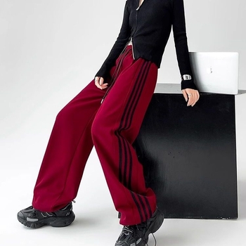 Casual hlače ravnog kroja, prugasti uzorak, vunena tkanina, dugačke, za žene, patchwork stil