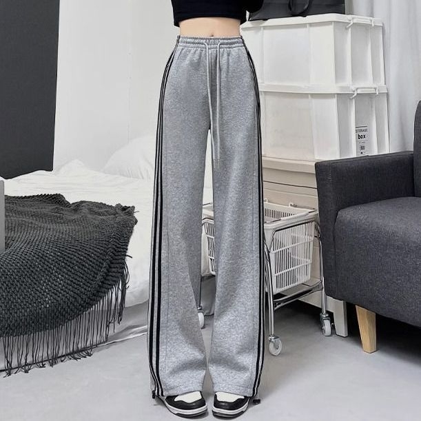 Casual hlače ravnog kroja, prugasti uzorak, vunena tkanina, dugačke, za žene, patchwork stil