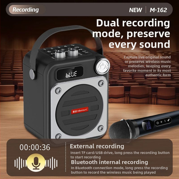 Karaoke mikrofons un skaļrunis vienā ierīgā ar Bluetooth, USB un kartes slotu — 100 Hz–20 kHz, SNR ≥70 dB, plastmasas korpuss, IPX7