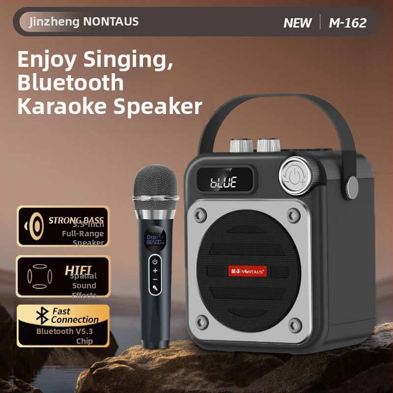 Karaoke mikrofons un skaļrunis vienā ierīgā ar Bluetooth, USB un kartes slotu — 100 Hz–20 kHz, SNR ≥70 dB, plastmasas korpuss, IPX7