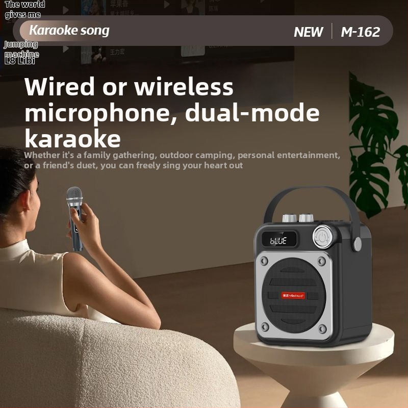 Karaoke mikrofons un skaļrunis vienā ierīgā ar Bluetooth, USB un kartes slotu — 100 Hz–20 kHz, SNR ≥70 dB, plastmasas korpuss, IPX7