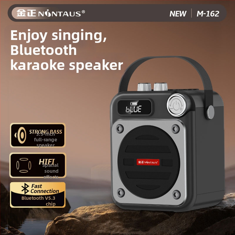Karaoke mikrofons un skaļrunis vienā ierīgā ar Bluetooth, USB un kartes slotu — 100 Hz–20 kHz, SNR ≥70 dB, plastmasas korpuss, IPX7