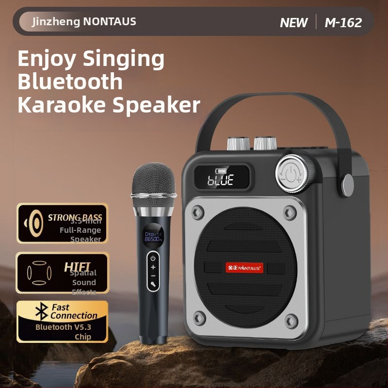 Karaoke mikrofons un skaļrunis vienā ierīgā ar Bluetooth, USB un kartes slotu — 100 Hz–20 kHz, SNR ≥70 dB, plastmasas korpuss, IPX7
