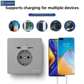 Zan Brand Eiropas standarta sienas kontaktligzda USB Type-C 2A, 16A, sienas montāža, CE sertifikāts