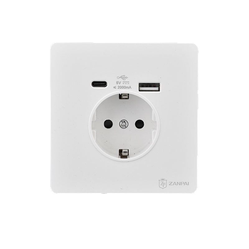 Zan Brand európai szabványú fali aljzat, USB Type-C 2A, 16A, fali szerelés, CE tanúsítvány