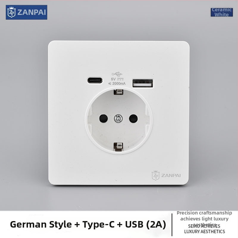Zan Brand Eiropas standarta sienas kontaktligzda USB Type-C 2A, 16A, sienas montāža, CE sertifikāts