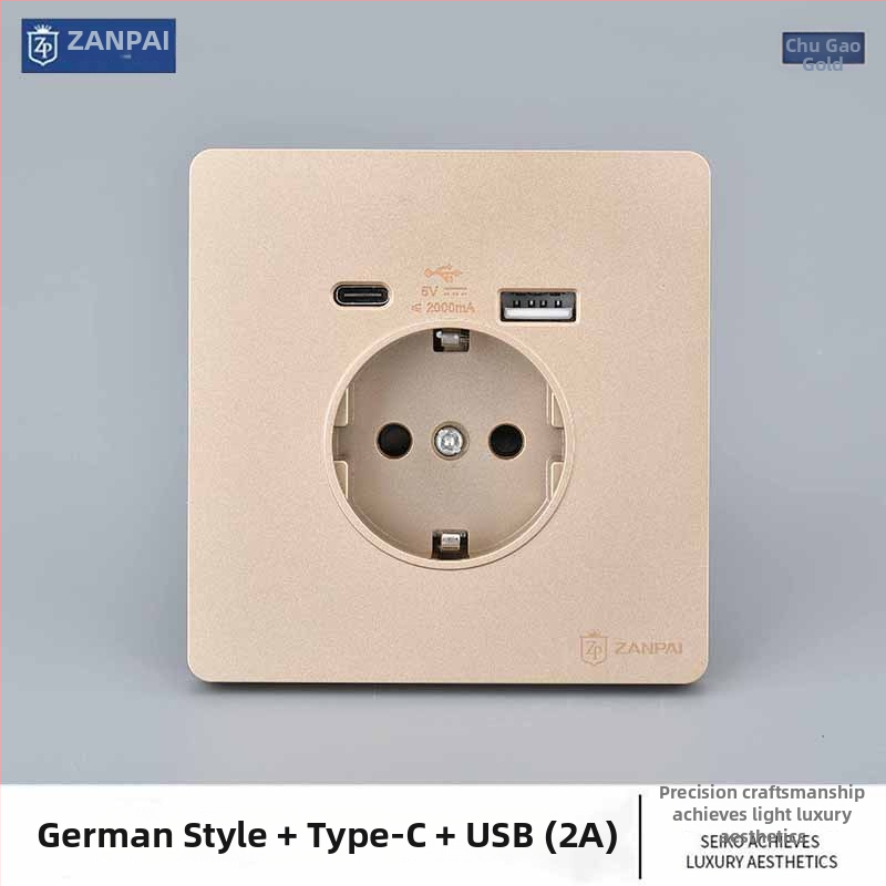 Zan Brand Eiropas standarta sienas kontaktligzda USB Type-C 2A, 16A, sienas montāža, CE sertifikāts