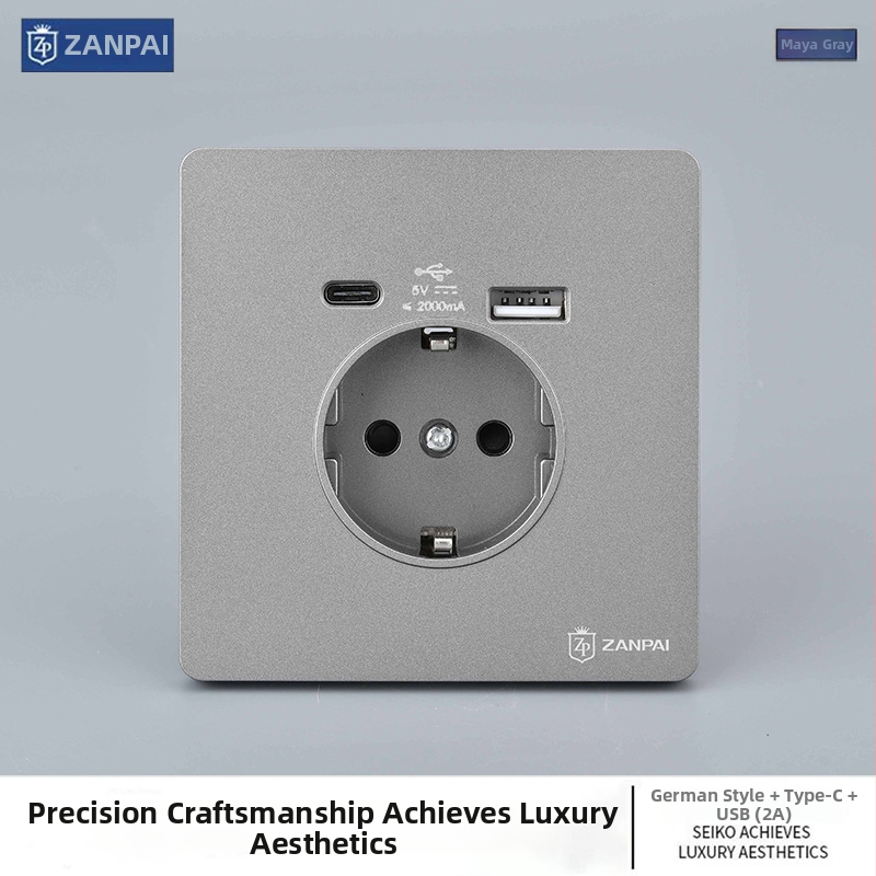 Zan Brand Eiropas standarta sienas kontaktligzda USB Type-C 2A, 16A, sienas montāža, CE sertifikāts