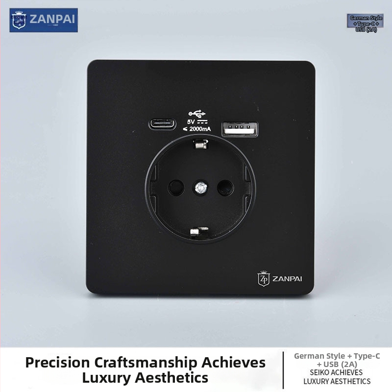 Zan Brand Eiropas standarta sienas kontaktligzda USB Type-C 2A, 16A, sienas montāža, CE sertifikāts
