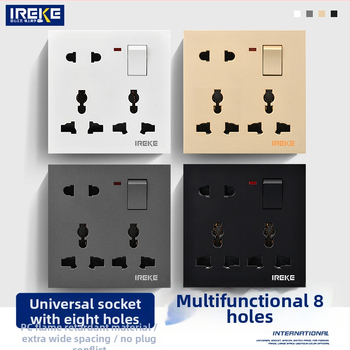 IREKE 86. tipa slēgta sienas universālā kontaktligzda ar slēdzi, astoņas atveres, 13A, AC250V, tin-fosforbronzas kontakti, CE sertificēta