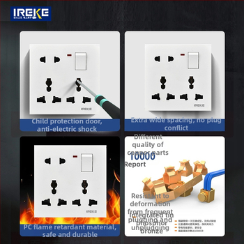 IREKE 86. tipa slēgta sienas universālā kontaktligzda ar slēdzi, astoņas atveres, 13A, AC250V, tin-fosforbronzas kontakti, CE sertificēta
